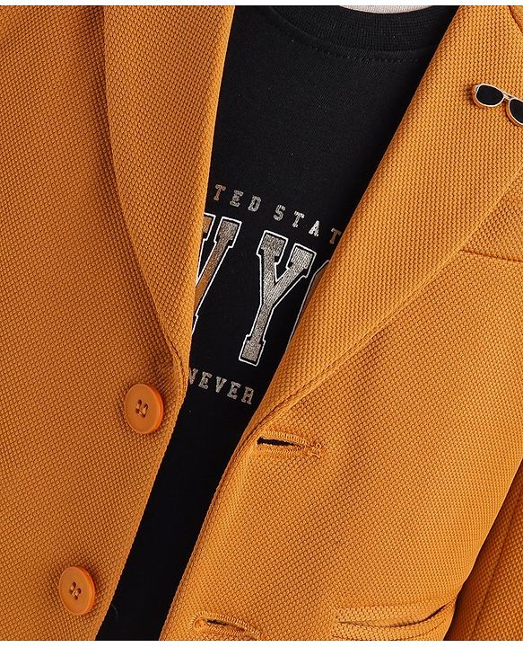 Babyhug Full Sleeves Solid Colour Party Wear Blazer with Graphic Printed T-Shirt - Mustard & Black