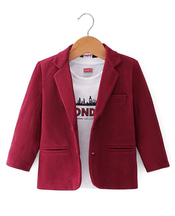 Babyhug Woven Full Sleeves Cordurory Blazer With Text Print T-Shirt - White & Maroon