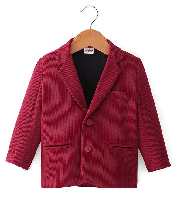 Babyhug Woven Full Sleeves Cordurory Blazer With Text Print T-Shirt - White & Maroon