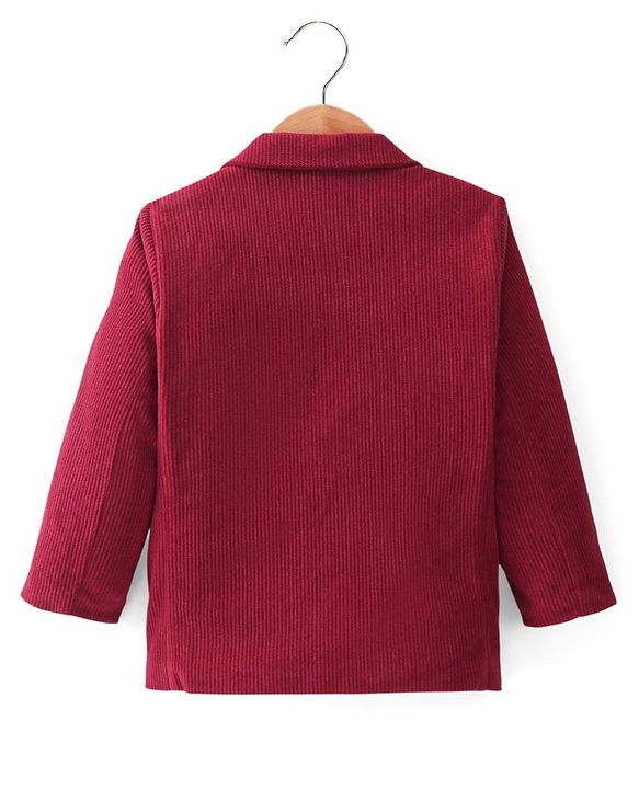 Babyhug Woven Full Sleeves Cordurory Blazer With Text Print T-Shirt - White & Maroon