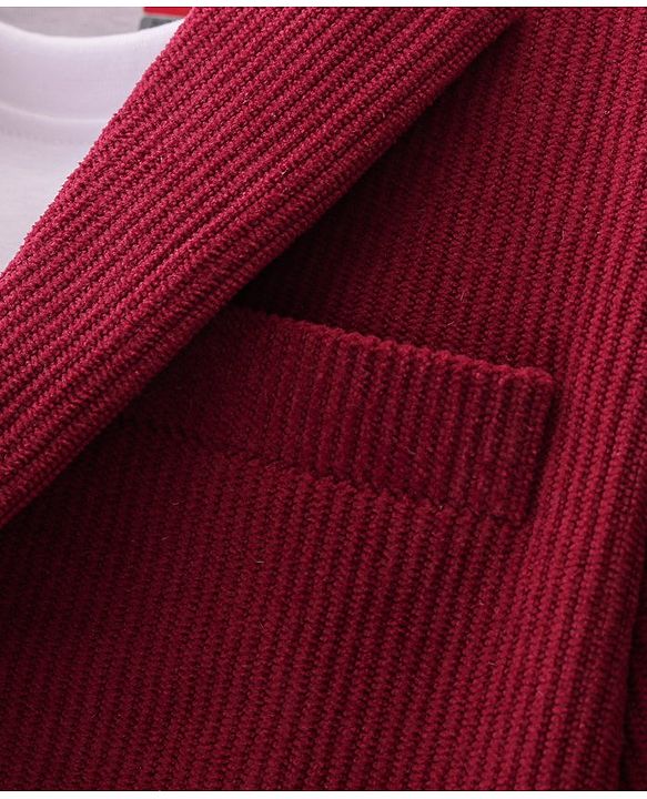 Babyhug Woven Full Sleeves Cordurory Blazer With Text Print T-Shirt - White & Maroon