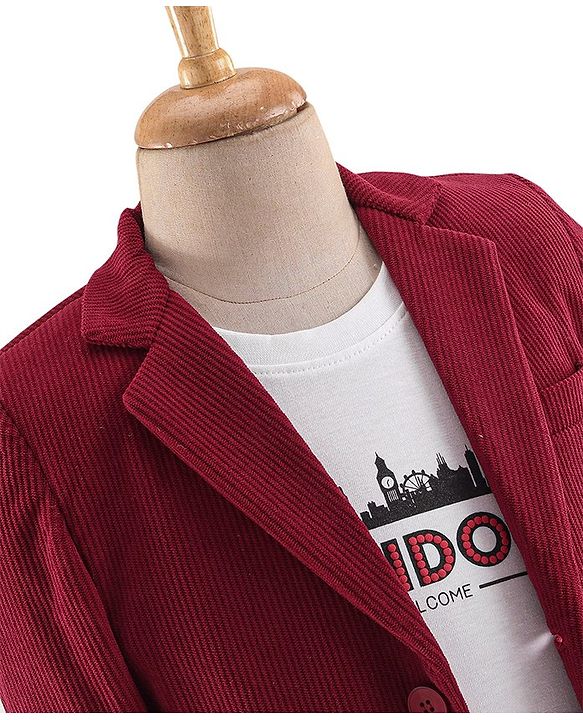 Babyhug Woven Full Sleeves Cordurory Blazer With Text Print T-Shirt - White & Maroon