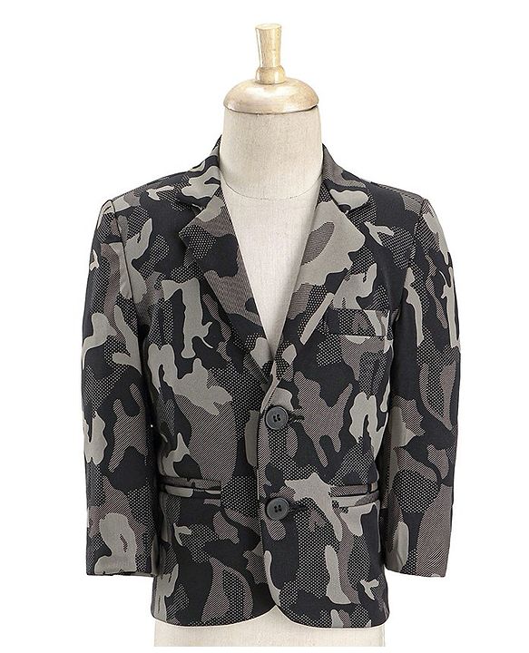 Babyhug Woven Full Sleeves Camouflage Blazer with Text Printed Inner Tee - Black