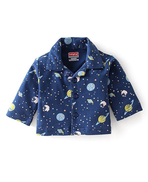 Babyhug Cotton Interlock Knit Full Sleeves Front Open Night Suit Space Print - Navy Blue