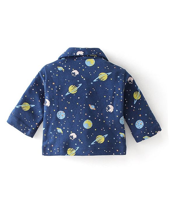 Babyhug Cotton Interlock Knit Full Sleeves Front Open Night Suit Space Print - Navy Blue