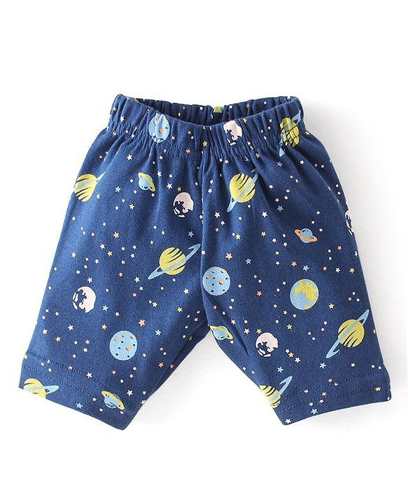 Babyhug Cotton Interlock Knit Full Sleeves Front Open Night Suit Space Print - Navy Blue