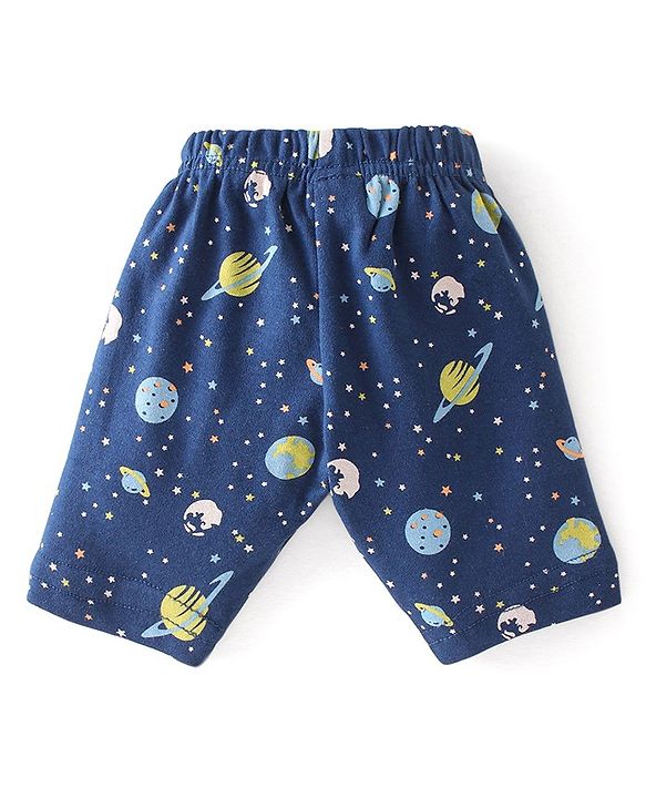 Babyhug Cotton Interlock Knit Full Sleeves Front Open Night Suit Space Print - Navy Blue