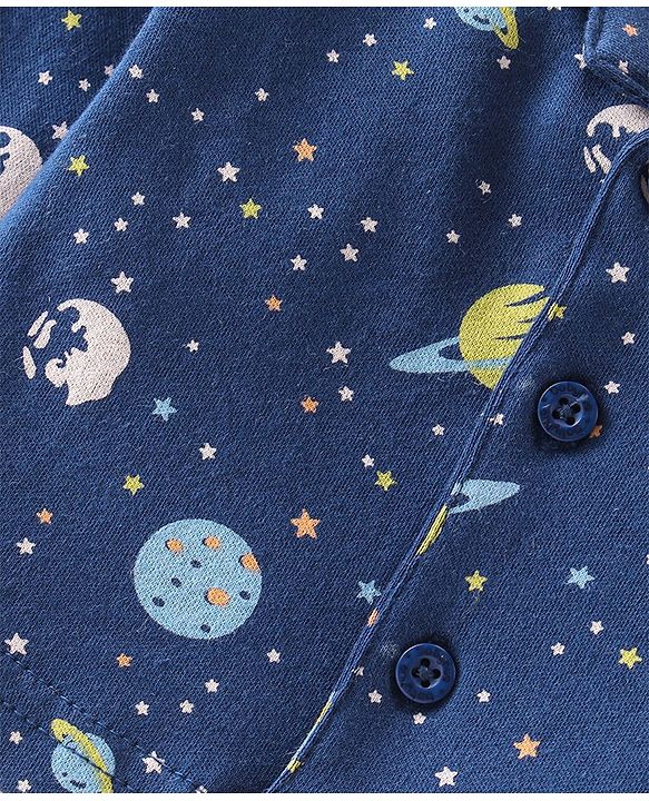 Babyhug Cotton Interlock Knit Full Sleeves Front Open Night Suit Space Print - Navy Blue