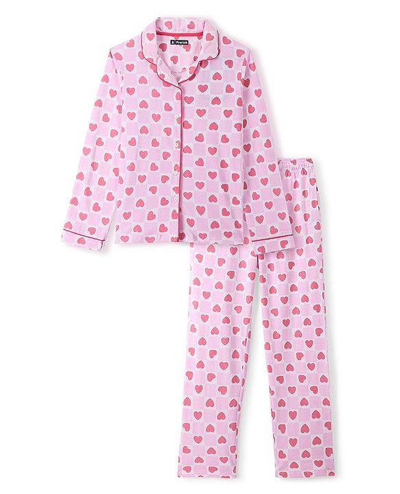 Pine Kids 100% Cotton Single Jersey Full Sleeves Heart Printed Night Suit - Pink