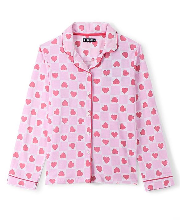 Pine Kids 100% Cotton Single Jersey Full Sleeves Heart Printed Night Suit - Pink