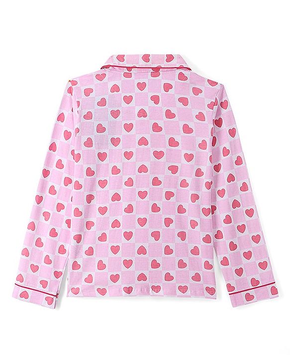 Pine Kids 100% Cotton Single Jersey Full Sleeves Heart Printed Night Suit - Pink