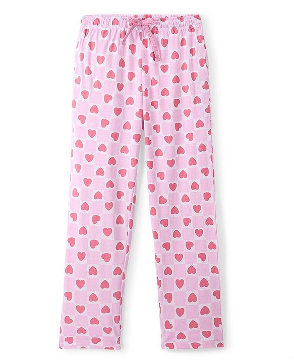 Pine Kids 100% Cotton Single Jersey Full Sleeves Heart Printed Night Suit - Pink