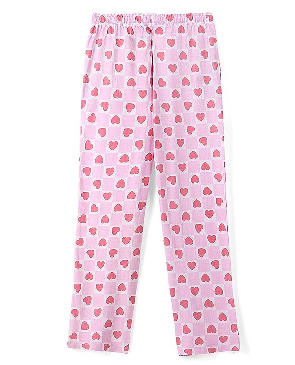 Pine Kids 100% Cotton Single Jersey Full Sleeves Heart Printed Night Suit - Pink
