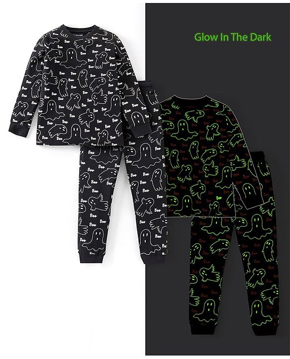 Pine Kids 100% Cotton Single Jersery Knit Full Sleeves Glow In The Dark Halloween Night Suit Set - Black