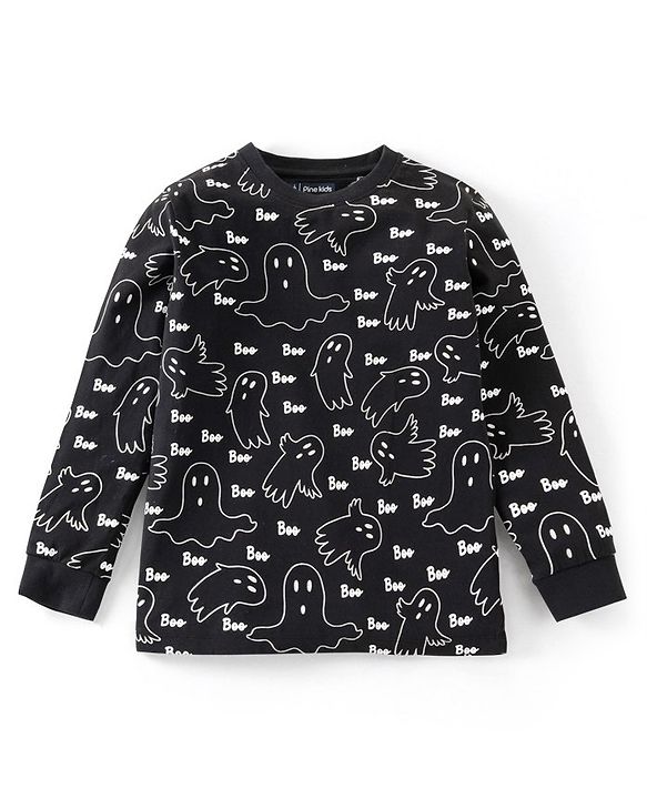 Pine Kids 100% Cotton Single Jersery Knit Full Sleeves Glow In The Dark Halloween Night Suit Set - Black
