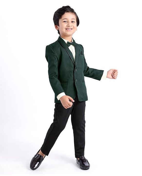 Babyhug Woven Full Sleeves Three Piece Solid Colour Party Suit with Bow - Green & Black