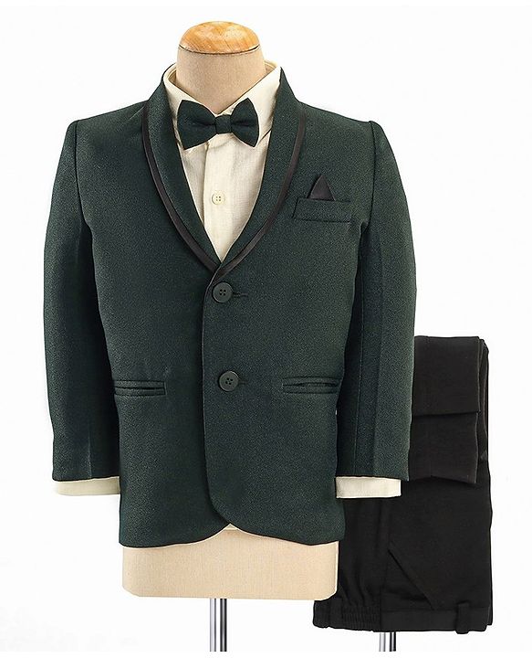 Babyhug Woven Full Sleeves Three Piece Solid Colour Party Suit with Bow - Green & Black