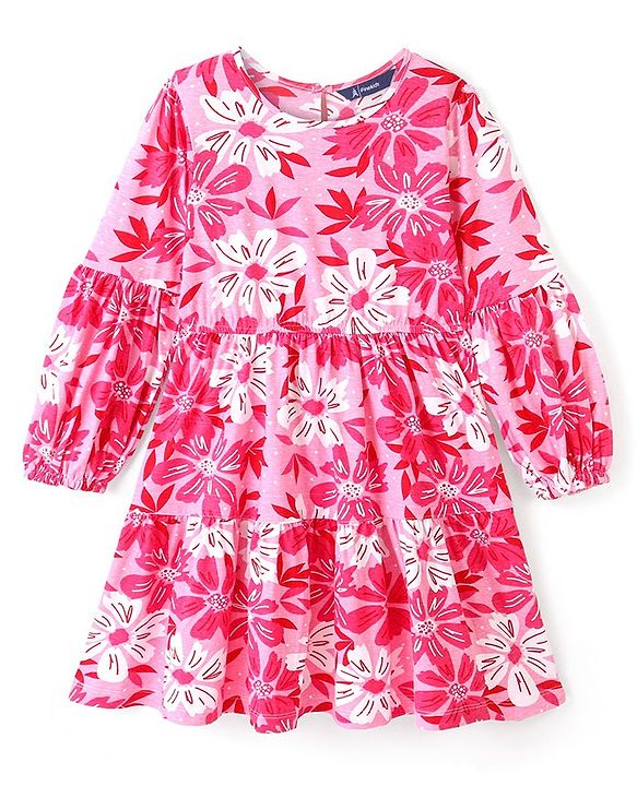 Pine Kids Cotton Single Jersey Full Sleeves Tier Knit Frock With Floral Print - Pink