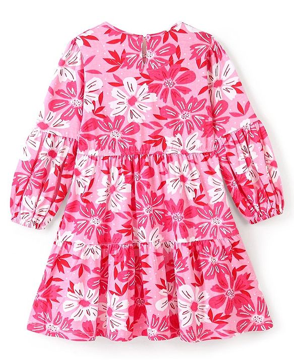 Pine Kids Cotton Single Jersey Full Sleeves Tier Knit Frock With Floral Print - Pink