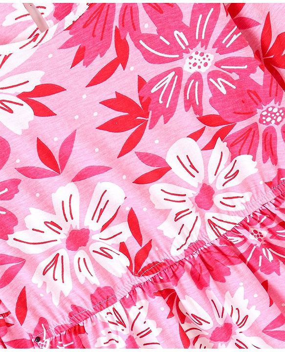 Pine Kids Cotton Single Jersey Full Sleeves Tier Knit Frock With Floral Print - Pink