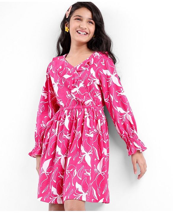 Pine Kids Full Sleeves Floral Print Dress with Ruffle Detailing - Pink