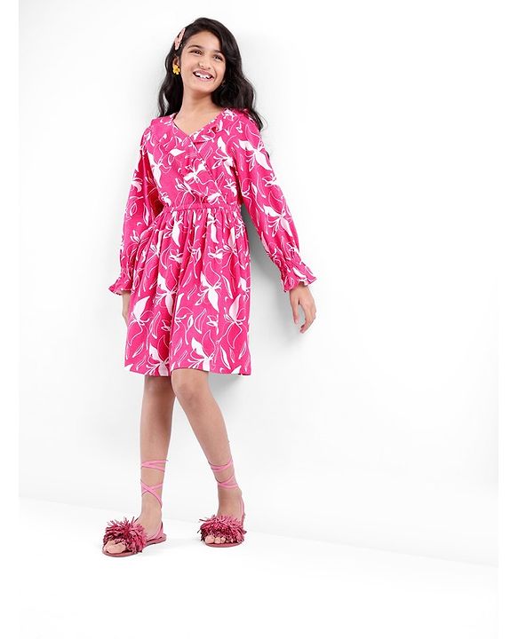 Pine Kids Full Sleeves Floral Print Dress with Ruffle Detailing - Pink