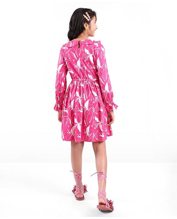 Pine Kids Full Sleeves Floral Print Dress with Ruffle Detailing - Pink