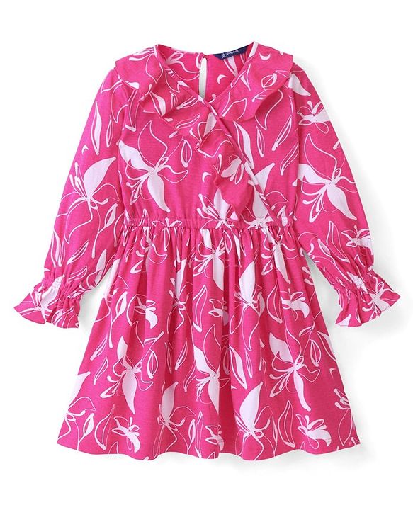 Pine Kids Full Sleeves Floral Print Dress with Ruffle Detailing - Pink