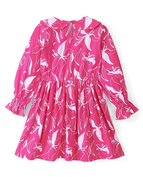 Pine Kids Full Sleeves Floral Print Dress with Ruffle Detailing - Pink
