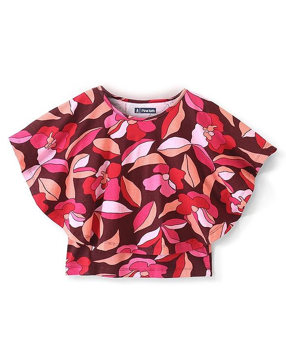 Pine Kids Half Sleeves Kaftan Fit Floral Knit Top - Cabernet
