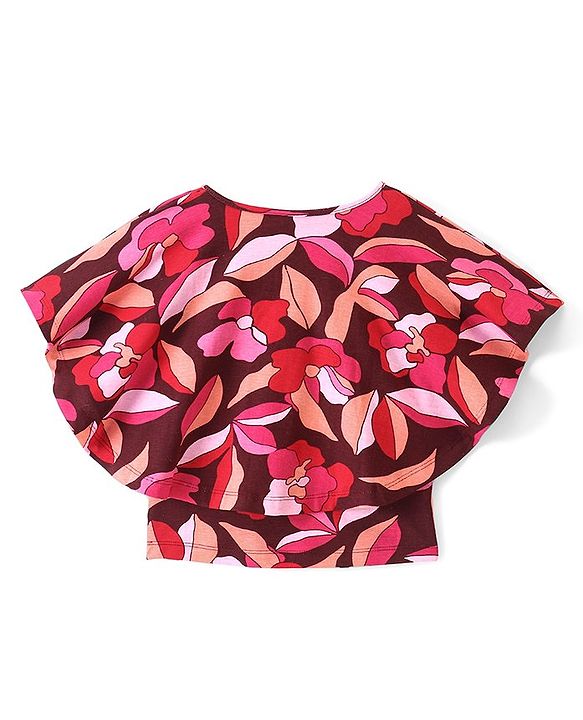Pine Kids Half Sleeves Kaftan Fit Floral Knit Top - Cabernet