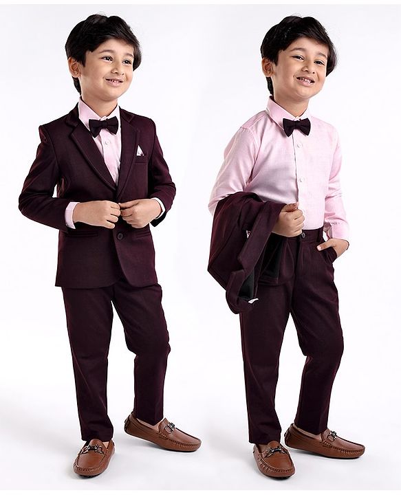 Babyhug Woven Full Sleeves Three Pieces Solid Colour Party Suit With Bow - Pink & Maroon