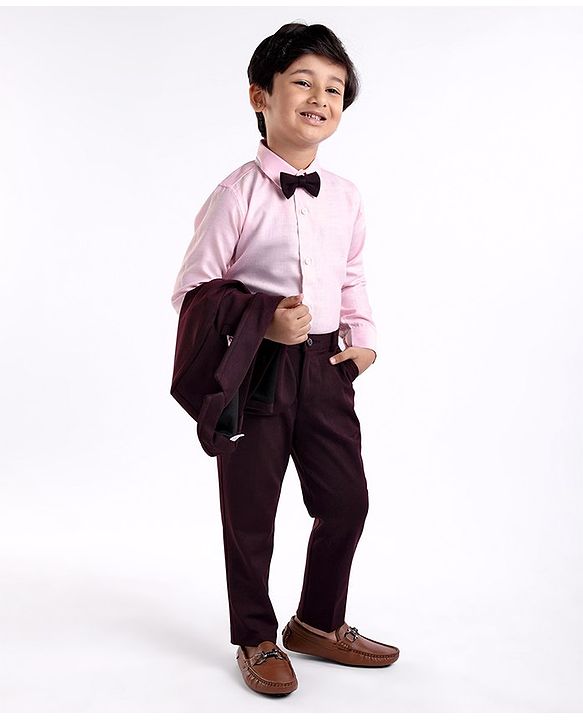 Babyhug Woven Full Sleeves Three Pieces Solid Colour Party Suit With Bow - Pink & Maroon