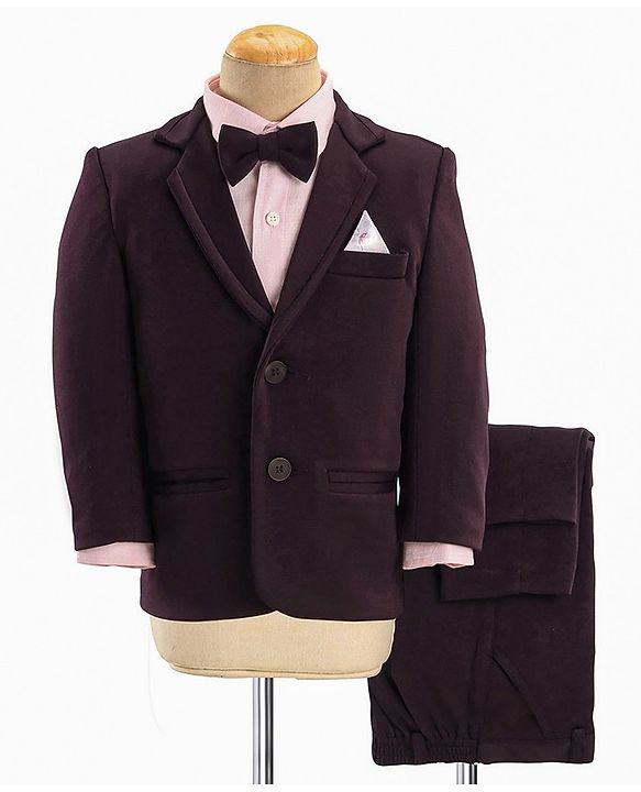 Babyhug Woven Full Sleeves Three Pieces Solid Colour Party Suit With Bow - Pink & Maroon