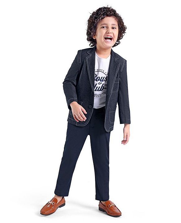 Babyhug Full Sleeves Denim Blazer with Text Printed T-Shirt & Stretch Fit Trouser Set - Blue & White