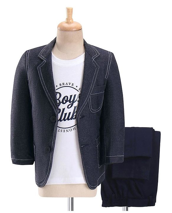 Babyhug Full Sleeves Denim Blazer with Text Printed T-Shirt & Stretch Fit Trouser Set - Blue & White