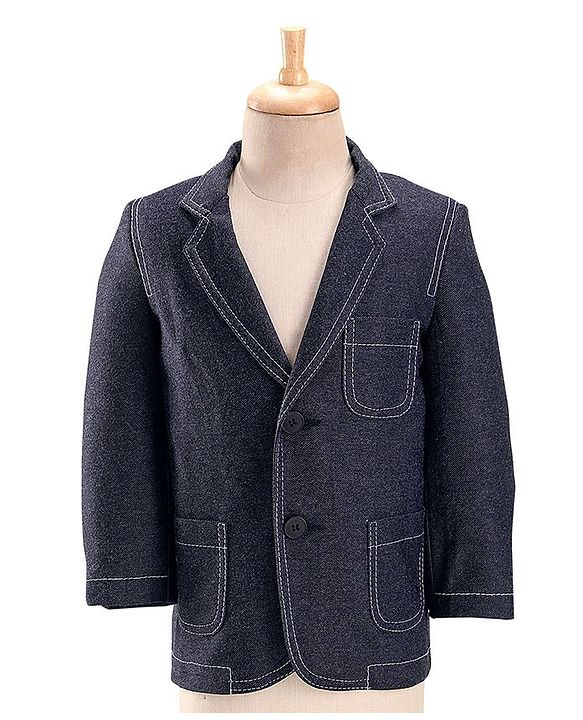 Babyhug Full Sleeves Denim Blazer with Text Printed T-Shirt & Stretch Fit Trouser Set - Blue & White
