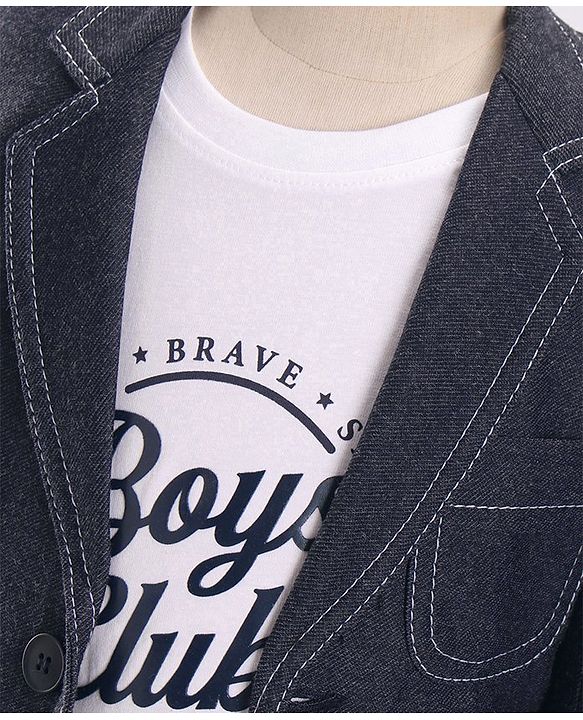 Babyhug Full Sleeves Denim Blazer with Text Printed T-Shirt & Stretch Fit Trouser Set - Blue & White