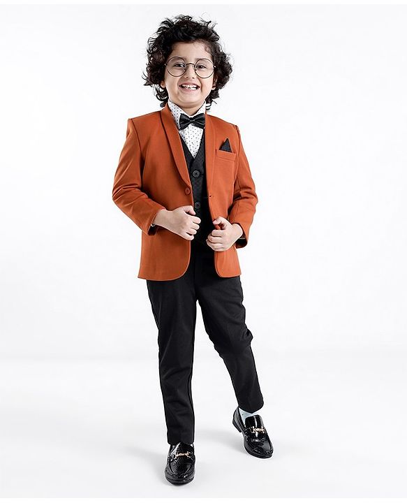 Babyhug Woven Full Sleeves Stretch Fit Five Piece Party Suit Solid Colour-  Rust & Black