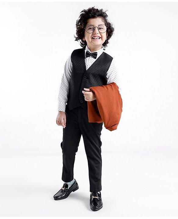 Babyhug Woven Full Sleeves Stretch Fit Five Piece Party Suit Solid Colour-  Rust & Black