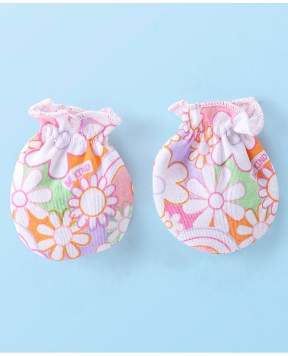 Babyhug 100% Cotton Knit Cap Mittens & Booties Set with Floral Print - Pink