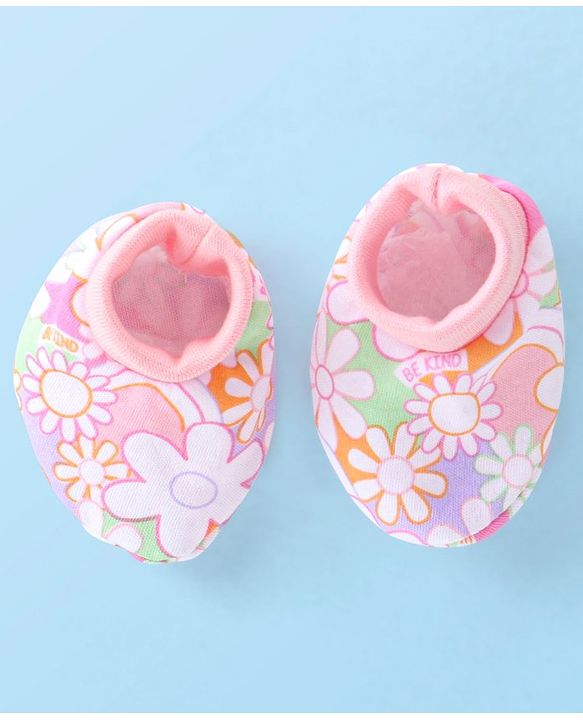 Babyhug 100% Cotton Knit Cap Mittens & Booties Set with Floral Print - Pink
