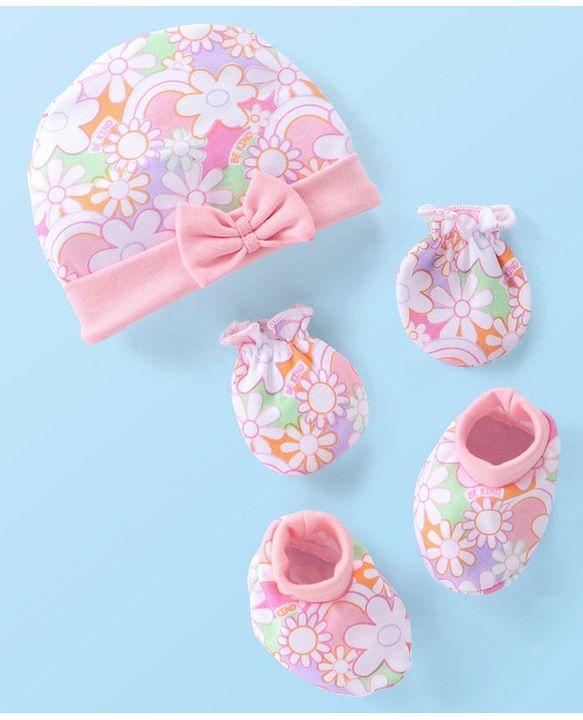 Babyhug 100% Cotton Knit Cap Mittens & Booties Set with Floral Print - Pink