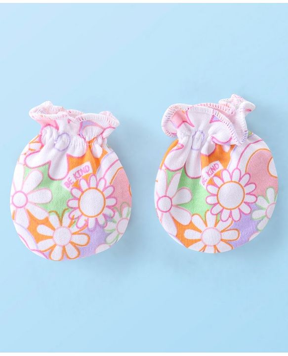 Babyhug 100% Cotton Knit Cap Mittens & Booties Set with Floral Print - Pink