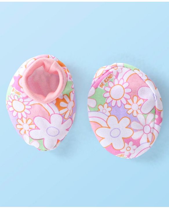 Babyhug 100% Cotton Knit Cap Mittens & Booties Set with Floral Print - Pink