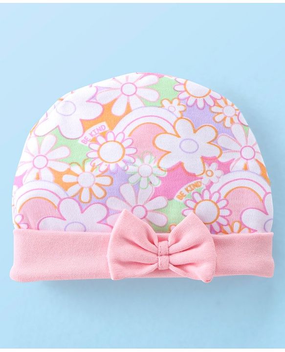 Babyhug 100% Cotton Knit Cap Mittens & Booties Set with Floral Print - Pink