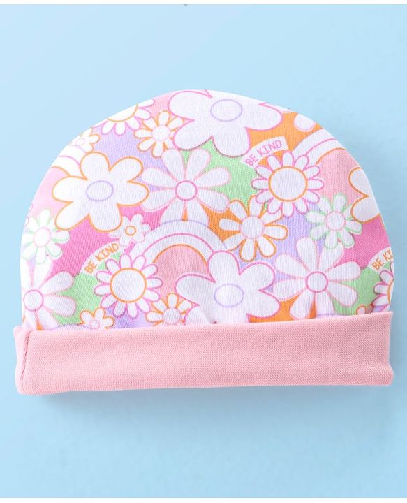 Babyhug 100% Cotton Knit Cap Mittens & Booties Set with Floral Print - Pink