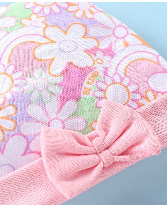 Babyhug 100% Cotton Knit Cap Mittens & Booties Set with Floral Print - Pink