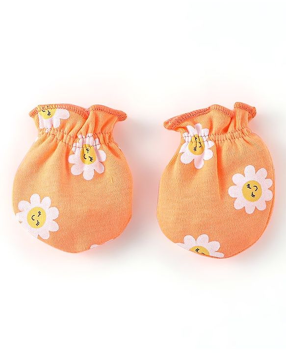 Babyhug 100% Cotton Knit Floral Print Mittens & Booties - Multicolor