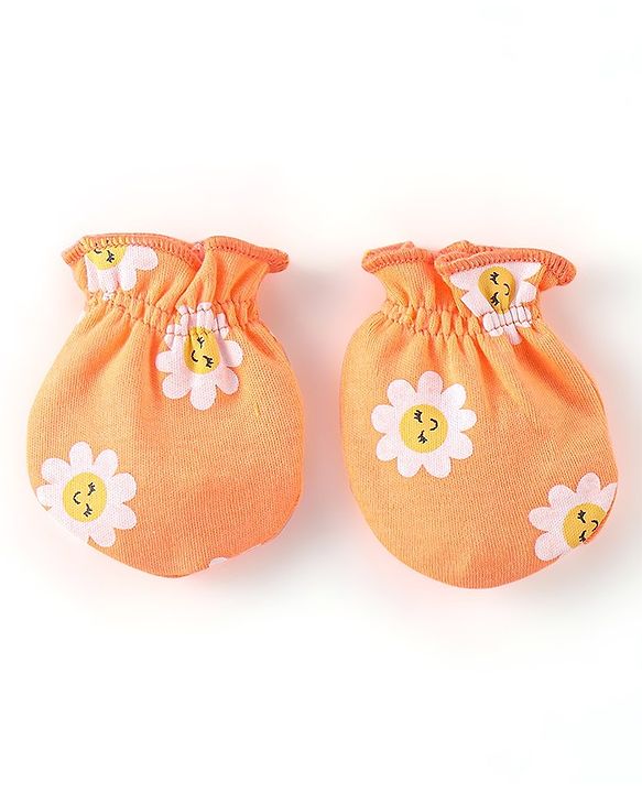 Babyhug 100% Cotton Knit Floral Print Mittens & Booties - Multicolor